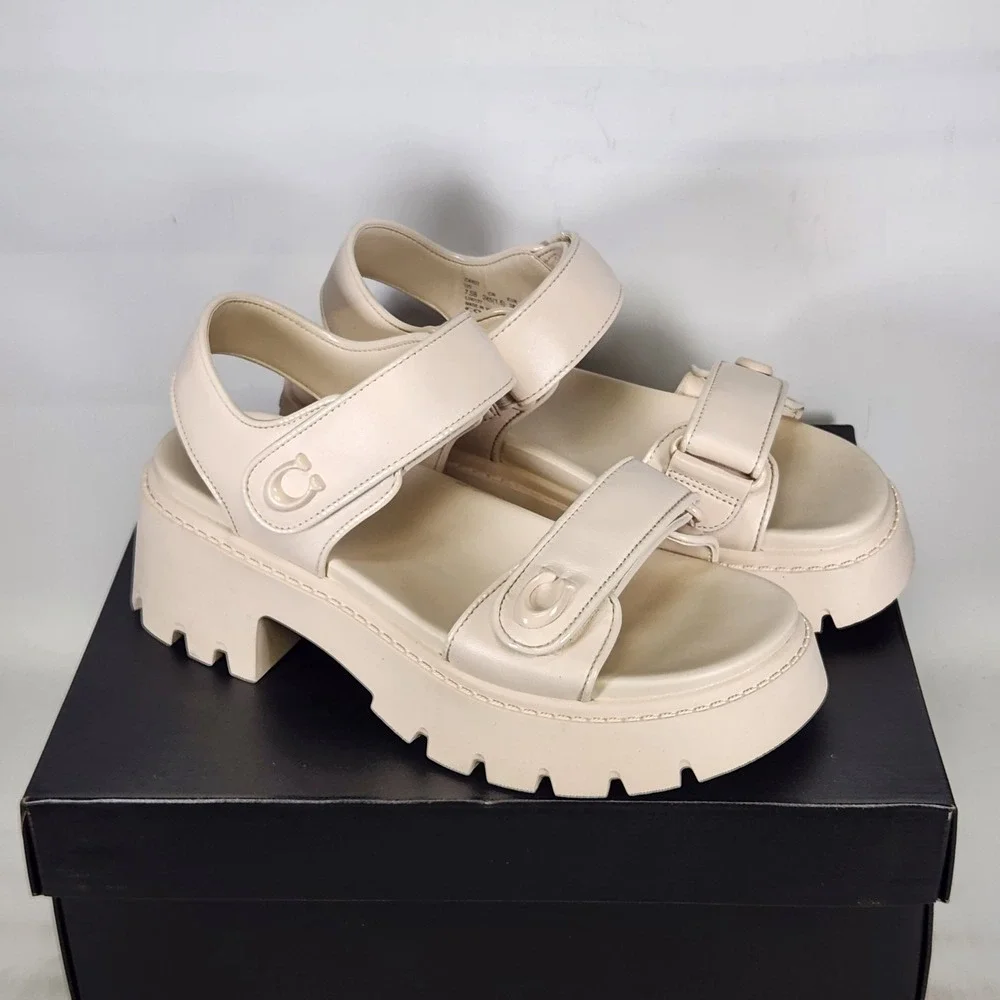 Coach Brynn Platform Leather Sandal Women Size 9.5 Chalk Lug Sole CA857